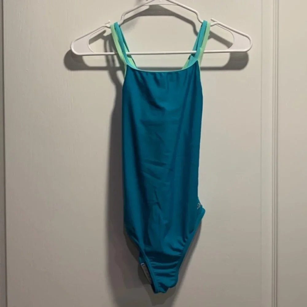 Girl's Speedo Criss Cross Swimsuit Teal Double Strap Size 12 EUC #7253
